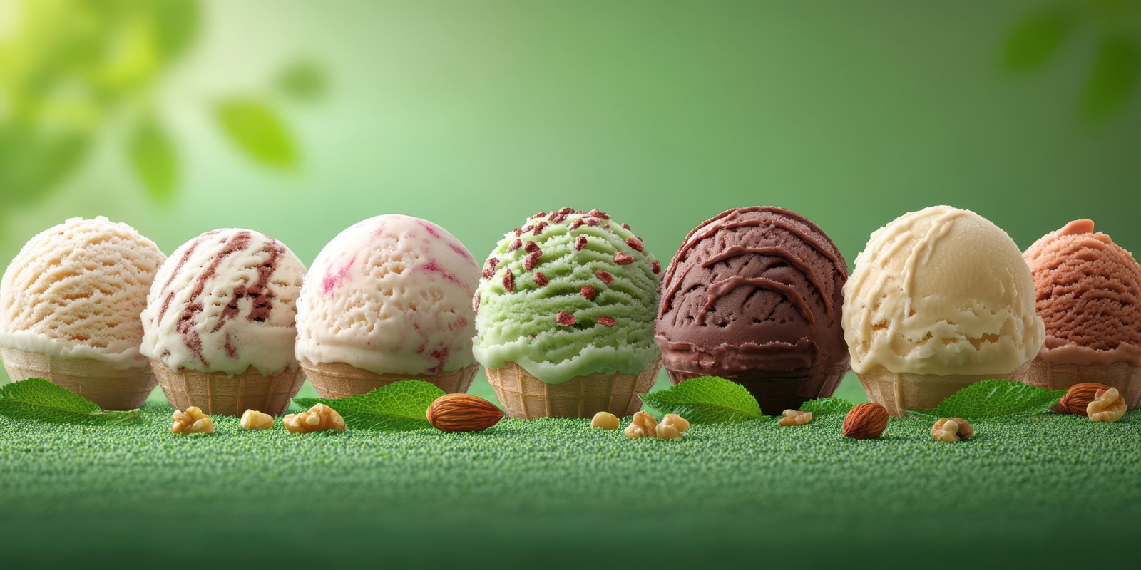 Different flavors of ice cream displayed together on a green backdrop with nuts and leaves in a sunny outdoor setting